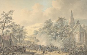战斗场面，右边是教堂，约1790-1800年。 作者 德克·朗根戴克