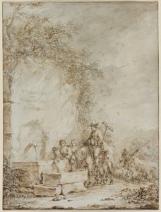 绘画作品集的前作：喷泉旁的农民，1784年。 作者 德克·兰根迪克（Dirk Langendyk）