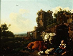 有牧羊女的风景，约1670年（油画板）。 作者 德克·范·伯根