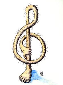 有毛的高音谱号 - 画成一条腿的高音谱号，一只手拿着它