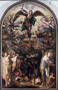 圣米迦勒追逐反叛天使（反叛天使的陨落）。 Domenico Beccafumi (1486-1551) 的绘画