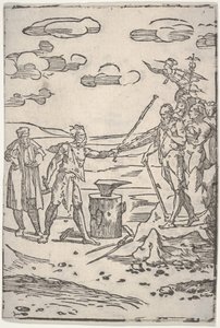伪造者站在铁砧旁，用铁链锁住一个人，从《变种》系列中挑选。 1540-1550。 作者 多梅尼科·迪·佩斯·贝卡法米