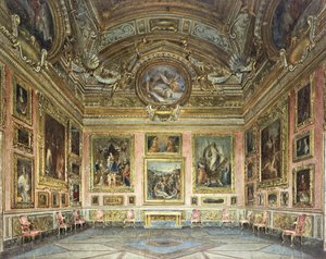 佛罗伦萨皮蒂宫（Palazzo Pitti）的内部：萨拉·迪·萨图尔诺（Sala di Saturno）和佩鲁吉诺（Perugino）的“悲叹”，两侧是弗拉·巴托洛梅欧（Fra Bartolommeo）和拉斐尔（Raphael）的绘画，1871年 作者 多梅尼科·卡利戈（Domenico Caligo）