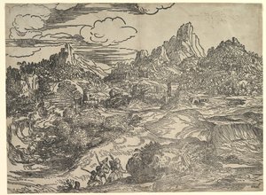 与家人一起在前景中行走的风景，左两图带有...，ca。 1535-40。 作者 多梅尼科·坎帕尼奥拉（Domenico Campagnola）