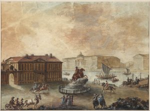 参议院广场上的彼得大帝骑马雕像（Place de Senat，place des decembristes ouplace de Pierre） - Domenico Felice Lamoni（1745-1830）。 纸本水彩和白色，1782 年后。圣彼得堡历史国家博物馆