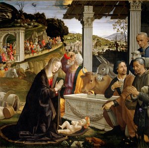 多梅尼科·吉兰达约 (Domenico Ghirlandaio) (1449-1494) 1483-1485 年作《牧羊人的崇拜》。 167x167 cm Capella Sassetti, Santa Trinita, Florence