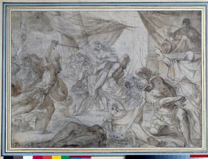 士兵们绑架了一位女王，并把她抬上了船 绘画：多梅尼科-卡努蒂（1620-1684） 17世纪的巴黎。卢浮宫博物馆