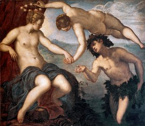 巴克斯、维纳斯和阿丽亚娜由丁托列托或丁托列 (Jacopo Robusti) (1518-1594) 1577-1580 作画。 146x167 厘米反大学瓷砖，威尼斯总督宫