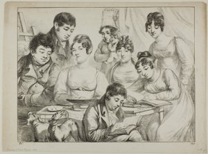 对话、一家人画画和读书、护士抱着婴儿、埃德蒙-德-博沃王子在椅子后面的肖像，以及拉瓦雷夫人和瓦洛里夫人的肖像，两人均为坐姿 作者 多米尼克·万提·德农（Dominique Vivant Denon）