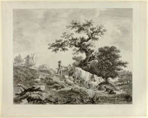 有风车、青年男女和两头牛的风景画 作者 多米尼克·万提·德农（Dominique Vivant Denon）