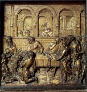希罗德-安提帕二世（公元前21年-公元39年）的宴席。Donato di Niccolo di Betto Bardi dit Donatello（1386-1466）实现的洗礼池下部浮雕的细节