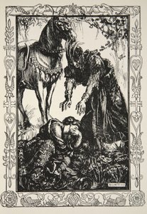 帕拉米迪斯出现在她面前，插图来自比阿特丽斯-克莱的《亚瑟王和圆桌的故事》。 作者 多拉·柯蒂斯（Dora Curtis）
