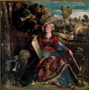 魔术师Circe 女巫被表现在她的岛上，岛上植被茂盛，有一只狗陪伴，盔甲铺在地上。Giovanni Luteri的画作，称为Dosso Dossi（约1489-1542） 1530年，大约太阳。176x174厘米 罗马博尔赫斯画廊