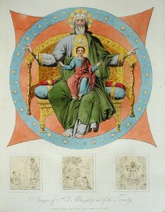 来自莫斯科圣母升天大教堂的全能上帝和三位一体的图像，板块14来自《俄罗斯人的特征和莫斯科的详细历史》，1823年出版（彩色水印）。 作者 博士罗伯特·莱尔