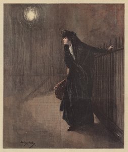 嘉莉紧紧抓住结了霜的栏杆，浑身发抖（彩色平版）。 作者 达德利·哈迪