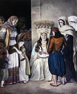 雅典的希腊东正教婚礼（约1825年）（彩色平印）。 作者 杜普雷