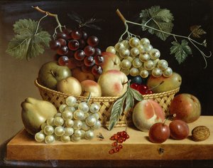 一篮子葡萄，苹果，桃子和其他水果在壁架上，1833年 作者 荷兰学校