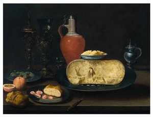 餐桌上的奶酪、黄油、面包、虾、橘子、橄榄和葡萄酒静物画 作者 荷兰学校