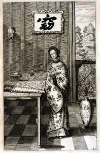 中国女子与夜莺，出自亚塔纳修斯-基尔切尔（1601-80）的《中国图说》1667年（雕刻）。 作者 荷兰学校