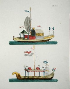 中国的观赏船，来自G. van Laar的 "花园宝石杂志"，1802年出版（彩色平印）。 作者 荷兰学校