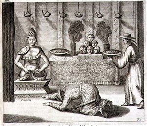 印度神庙内部，来自亚塔纳修斯-基尔切尔（1601-80）的《中国图说》1667年（雕刻）。 作者 荷兰学校