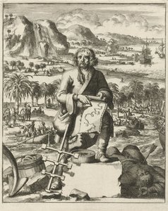 路易斯-亨内平在北美的登陆，出版。1688年的雕刻。 作者 荷兰学校