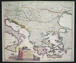 希腊，匈牙利及其周边国家的地图（手工彩色雕刻）