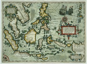 东印度群岛地图，酒吧。 1635年在阿姆斯特丹（手工彩色雕刻）