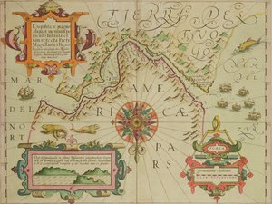 墨卡托阿特拉斯酒吧的巴塔哥尼亚麦哲伦海峡地图。作者：Jodocus Hondius（1563-1612）阿姆斯特丹，1606