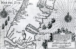 麦哲伦海峡的地图，从Oliver van Noorts描述他的航行，1602