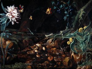 有花和爬行动物的山谷中的小溪（布面油画 作者 荷兰学校