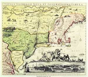 新阿姆斯特丹的Restitutio-Allardt地图，刻有酒吧。作者：Carolus Allardt，1673年（铜版画）