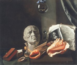 Vanitas静物像半身像，贝壳，书籍和玻璃烧瓶（布面油画） 作者 荷兰学校