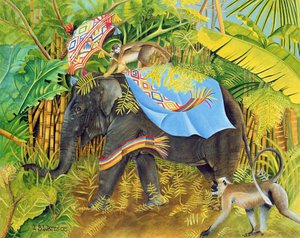大象与猴子和遮阳伞，2005年（画布上的丙烯酸）