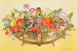 Trug with Fruit，Flowers and Chaffinches，1991（丙烯酸）