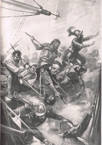 英国在San Juan de Ulua排斥西班牙人，插图来自“英国陆地和海上战役”，由伦敦卡塞尔出版，1915年