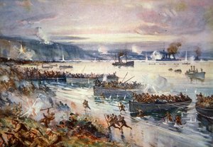 澳大利亚人在加利波利的登陆，1915年4月（彩色平版印刷）。