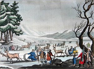 通古斯人乘坐驯鹿拉的雪橇离开他们的冬令营，约1820年（彩色版画） 作者 E.（之后）卡内杰夫