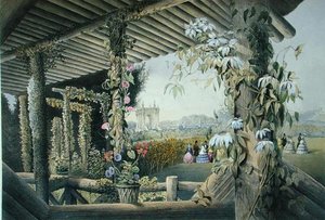 从灌木丛中的乡村座位上看，出自《英格兰花园》，1857年出版（彩色平印）。 作者 E.Adveno布鲁克