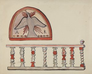 Llano Quemado的祭坛教堂的Lunette，Chimayo的Sanctuario的祭坛铁路教堂。 作者 E. 博伊德