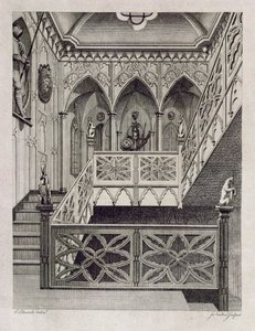 草莓山的楼梯，由J. Newton雕刻，来自Horace Walpole的“草莓山的描述”，1784年 作者 爱德华兹