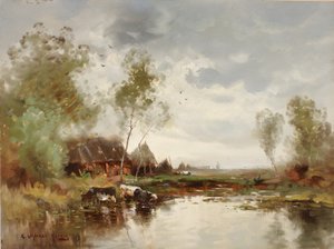 有风车的风景，19世纪末-20世纪初。 作者 E. 兰西尔·哈里斯