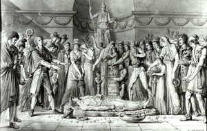 Jean Paul Marat（1743-93）的葬礼在1793年7月16日的Cordeliers俱乐部教堂，c.1793（笔和墨水在纸上）（bw照片） 作者 苏勒