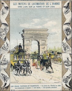 1894年的巴黎Etoile广场--蒸汽电车--邮件--大型巴士--E Letellier的插图--Protege历史笔记本，19世纪末 作者 E.莱特里尔