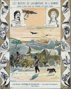 运输坦克--阿提拉的匈奴人（约395-453）--野蛮人入侵--E-Letellier的插图--保护历史笔记本，19世纪末--。 作者 E.莱特里尔