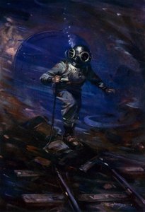英国潜水员亚历山大-兰伯特（Alexander Lambert）在关闭水密门的途中，以阻止塞文隧道工作区被水淹没 作者 ES（之后）霍奇森