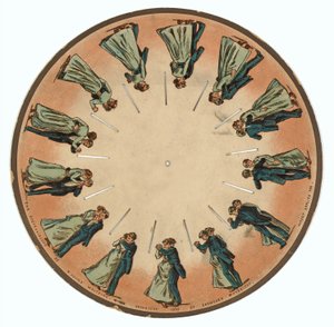 zoopraxiscope disc显示一对夫妇华尔兹，1893年 作者 爱德沃德·迈布里奇
