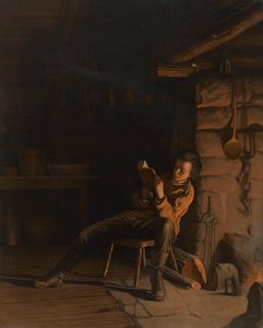 林肯少年时代。 （在小屋里的一个晚上。），1868年（船上纸上的彩色石版画）