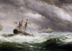 1803 年，英国皇家海军 "恩底弥翁 "号拯救一艘遭遇风暴的法国船只。布面油画，约 1850-1855 年，作者埃比尼泽-科尔斯（1812-1887 年）。 作者 埃比尼泽·科尔斯（Ebenezer Colls）