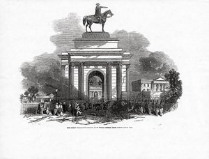 1846年10月3日出版于“插图伦敦新闻”的宪法山上出现的惠灵顿大雕像